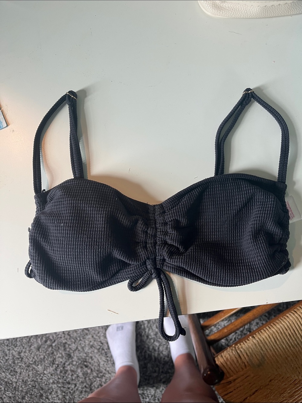 No Boundaries Black Ribbed Tie-Front Bandeau bikini Top